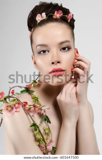 Sexy Nude Beautiful Woman Flowersfashion Art Stock Photo