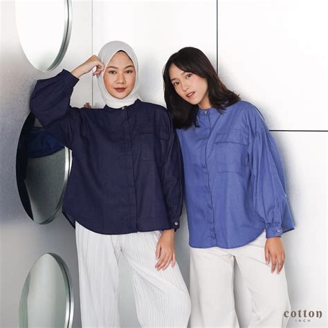 Jual Cotton Inch Pakaian Wanita Atasan Kemeja Oversized Lengan Puff