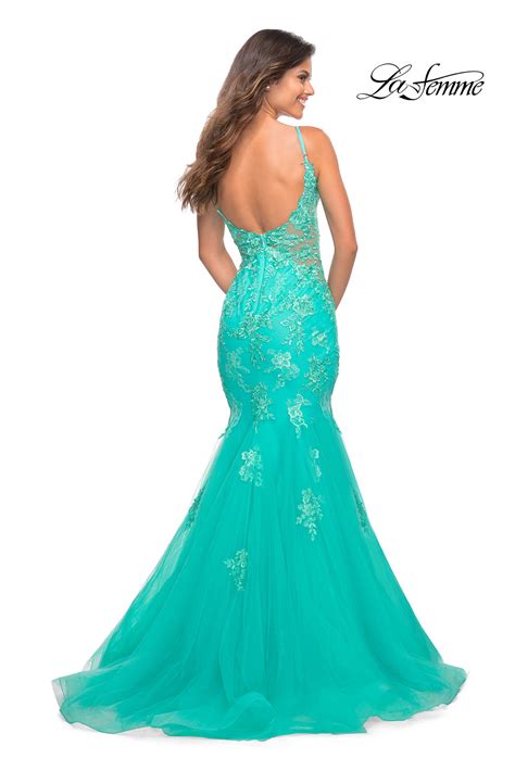 La Femme Long Aqua Lace Mermaid Prom Dress Promgirl