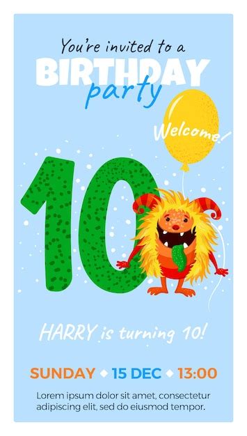 Premium Vector Tenth Birthday Party Invitation With Monster Number