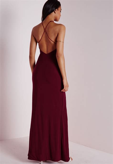 Missguided Slinky Side Split Maxi Dress Burgundy Burgundy Maxi