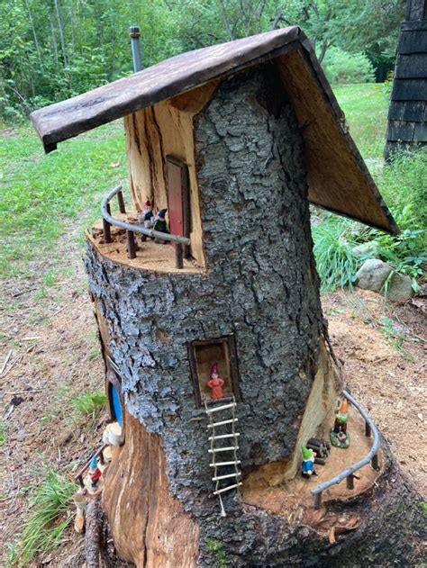 Tree Stump Gnome House Fairy Tree Houses Fairy House Diy Fairy Garden