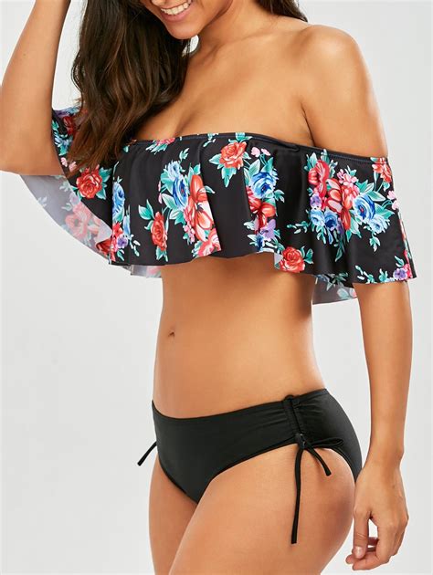 45 OFF Off Shoulder Flounce Floral Bikini Set Rosegal