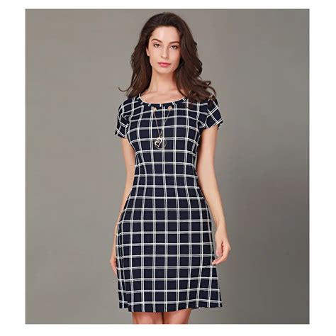 Summer Dress Casual O Neck Sexy Women Dress Plaid Short Sleeve Size Dresses Office Dress