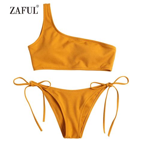 Zaful One Shoulder Bikini Textured Swimwear Women Swimsuit Sexy Low