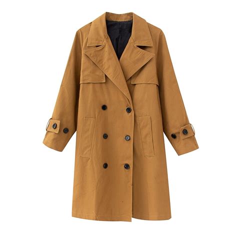 Tangada Vrouwen Solid Kaki Lange Trenchcoat Double Grandado