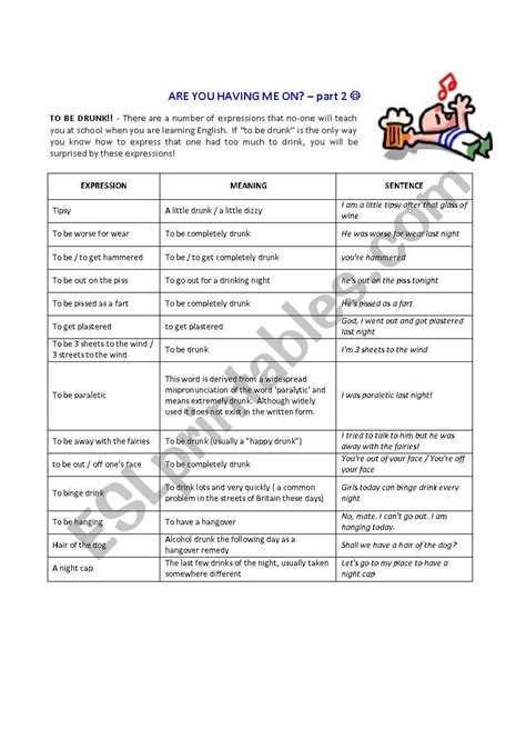 To Be Drunk And Alcohol Related Expressions British English Esl Worksheet By Analisbernacchi