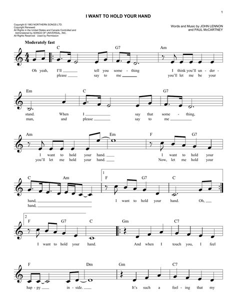 I Want To Hold Your Hand By The Beatles Sheet Music For Easy Lead Sheet