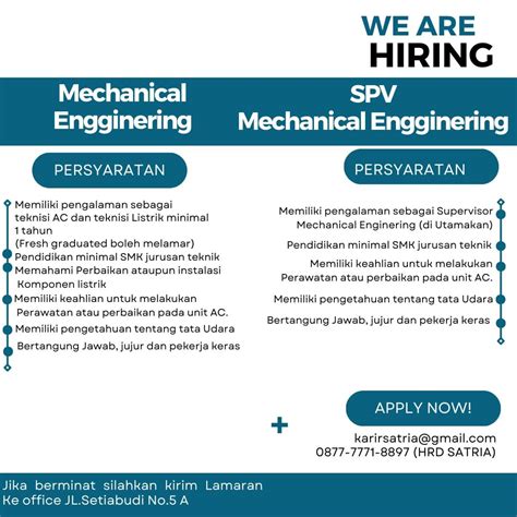 Lowongan Kerja Sebagai Mechanical Engineering Spv Mechanical