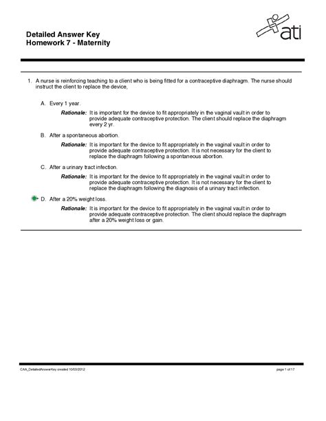 Ati Detailed Answer Key Homework Maternity Pass