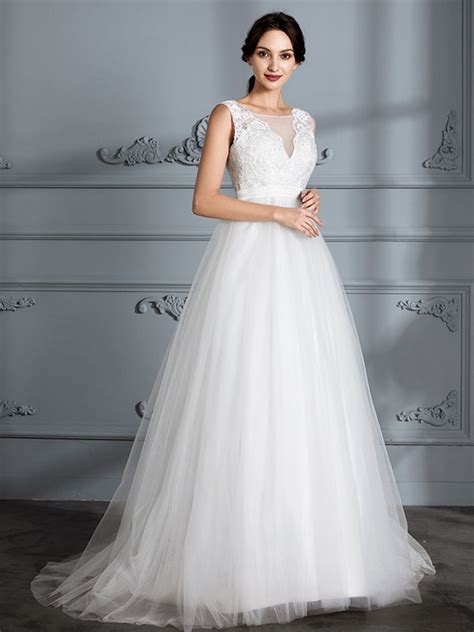 A Line Princess Sleeveless V Neck Sweep Brush Train Tulle Wedding