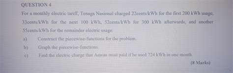 Solved Question For A Monthly Electric Tariff Tenaga Nasional