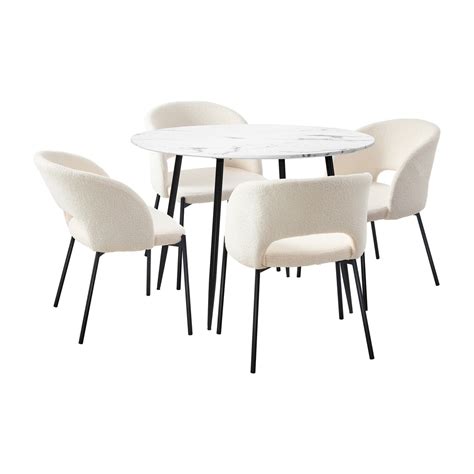 Oikiture 110cm Round Dining Table With 4pcs Dining Chairs Sherpa White Ebay