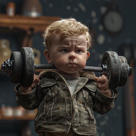 Little Boy Trying To Lift Heavy Weight In A Gym Premium Ai Generated