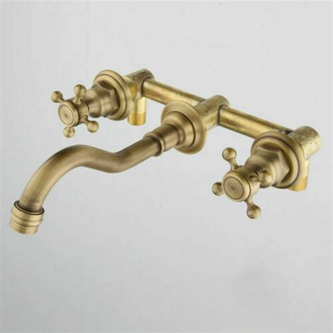 3pcs Wall Mount Bathroom Antique Brass Sink Tub Faucet Double Handles