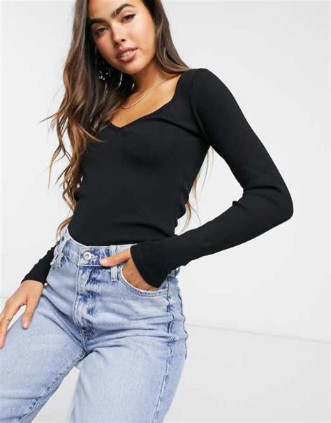 Stradivarius Ribbed V Neck Long Sleeve Top In Black Asos