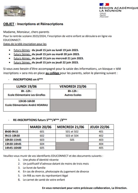 Inscriptions et Réinscriptions 2023 2024 Collège Amiral Bouvet