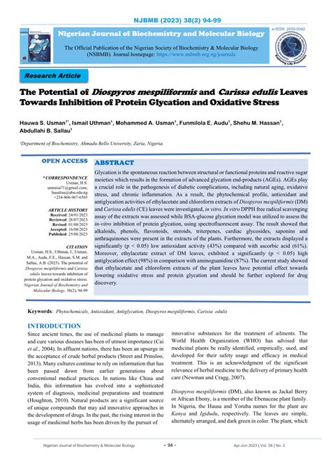 PDF Nigerian Journal Of Biochemistry And Molecular Biology The