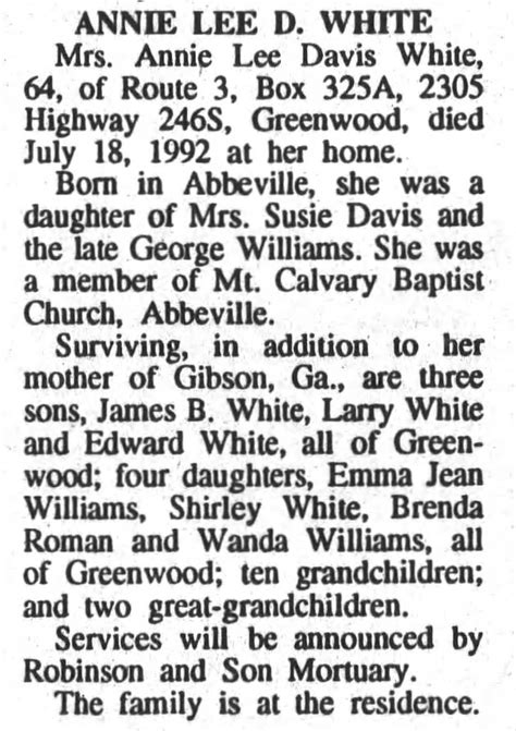 Obituary For Annie Lee Davis White Aged 64 ™