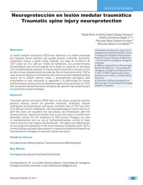 Pdf Neuroprotecci N En Lesi N Medular Traum Tica