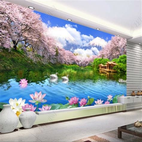 Sakura Trees Lake Lotus Flower Mural Wallpapers For Living Room Bedroom