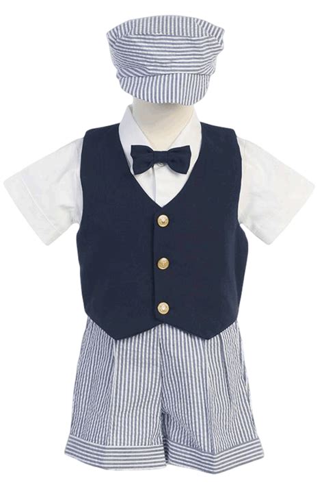 Boys Navy Blue Vest And Seersucker Shorts Dressy Set W Cap 6m 4t