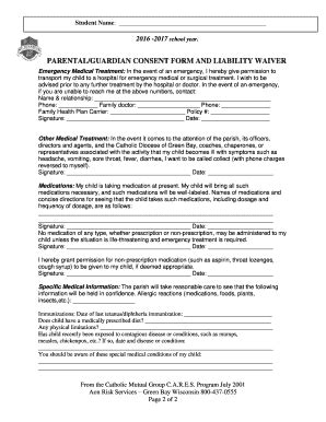 Fillable Online Stignatiuskaukauna Parental Guardian Consent Form And