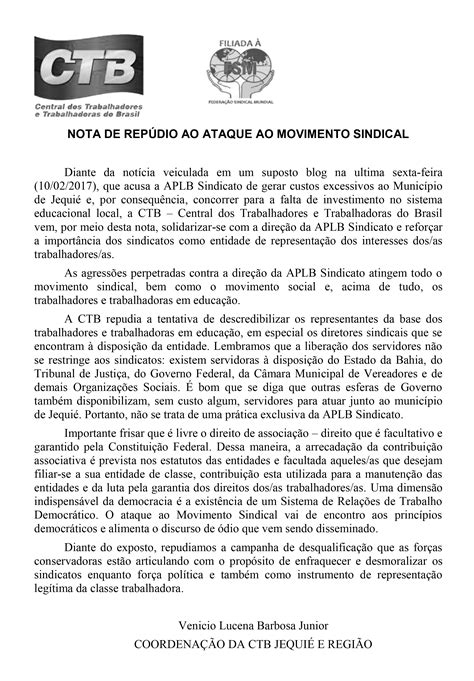 Nota De Repúdio Da Ctb às Acusações Sofridas Pela Aplb Sindicato