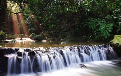 Wallpaper Sinar Matahari Pohon Pemandangan Air Terjun Batu Alam