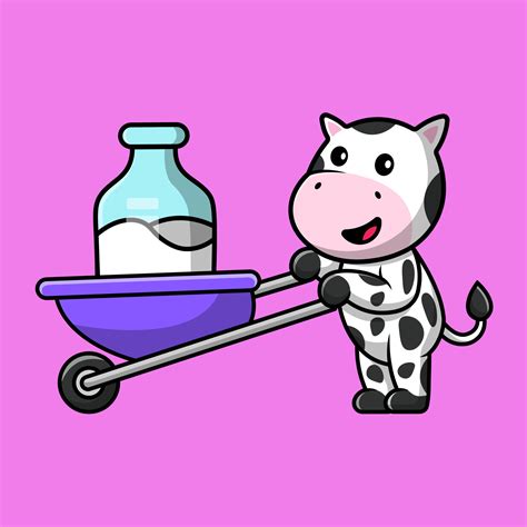 Cute Cow Bring Milk With Trolley Cartoon Vector Icon Illustration Flat