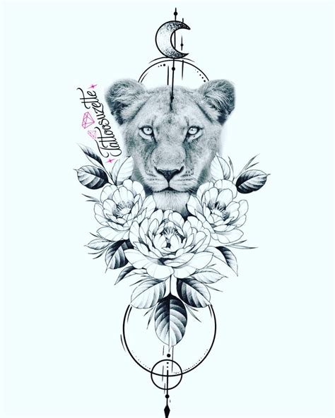 Floral Lioness Tattoo Drawing