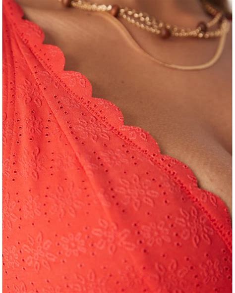 Peek Beau Plunge Broderie Bikini Top With Scallop Detail In Red Lyst