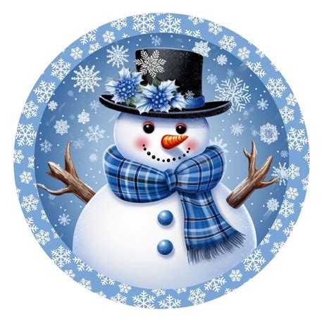 A Snowman Wearing A Top Hat And Scarf On A Blue Plate With Snowflakes