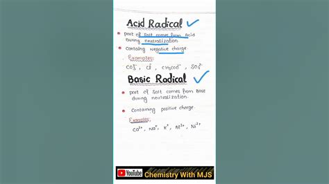 Acid And Basic Radical Examples Of Radicals Chemistry Shorts Mjs