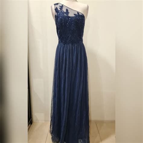 Lace Sequined One Shoulder Navy Blue Tulle Gown Women S Fashion