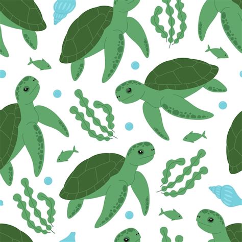 Premium Vector Seamless Pattern With Cute Green Turtles Seaweed