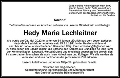 Traueranzeigen Von Hedy Maria Lechleitner Schwaebische De Trauerportal