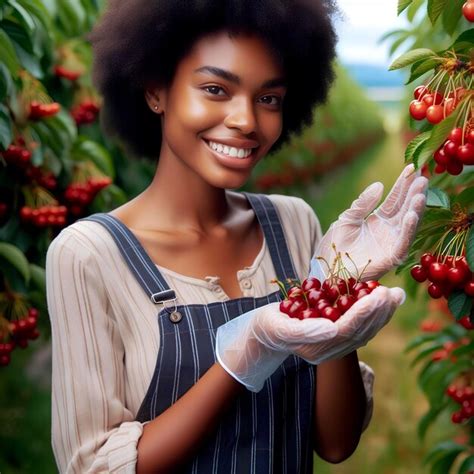 African Woman Farmer Picking Cherries Premium Ai Generated Image