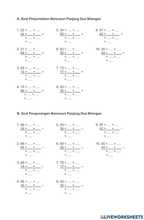 Penjumlahan Dan Pengurangan Bersusun Panjang Worksheet Matematika