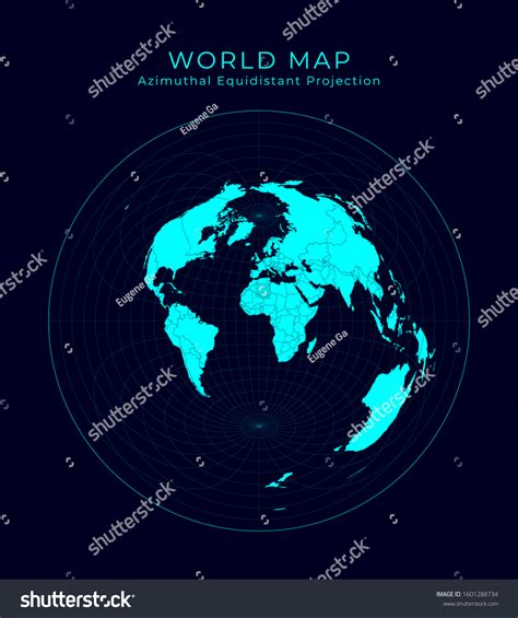 Map World Azimuthal Equidistant Projection Futuristic Stock Vector