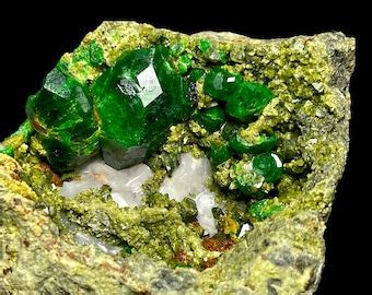 Natural Rare Green Demantoid Garnet Crystal Specimen On Matrix Mineral