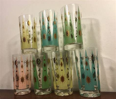 7 Vintage Fred Press Drinking Glasses Tumblers Set Starburst Atomic Aqua Green 1861433541