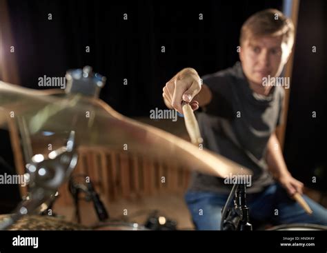 Male Musician Playing Drums And Cymbals At Concert Stock Photo Alamy