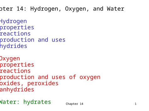 Ppt Chapter 141 Chapter 14 Hydrogen Oxygen And Water 1 Hydrogen Properties Reactions