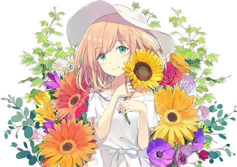 Blonde Hair Blush Dress Flowers Green Eyes Hat Necklace Original Summer