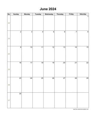 June Calendar 2024 Grid Lines For Holidays And Notes Horizontal