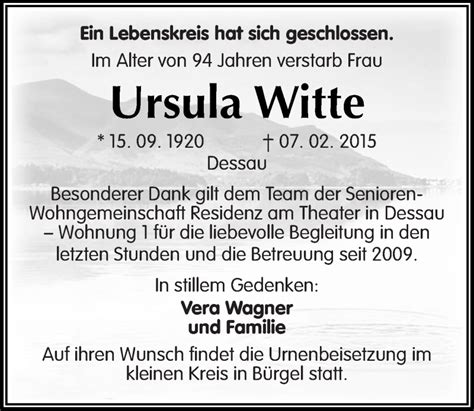 Traueranzeigen Von Ursula Witte Abschied Nehmen De