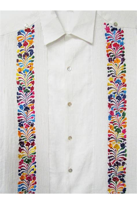 Guayabera White With Multi Colored Oaxacan Embroidery Guayabera