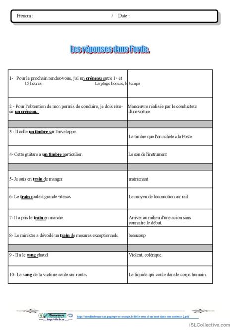 Le Sens Dun Mot Dans Son Contexte English Esl Worksheets Pdf Doc