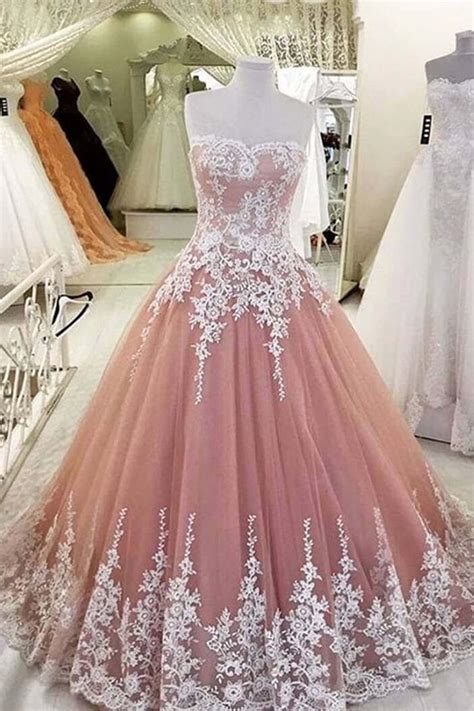 Pink Organza Sweetheart Lace Applique A Line Long Prom Dresses